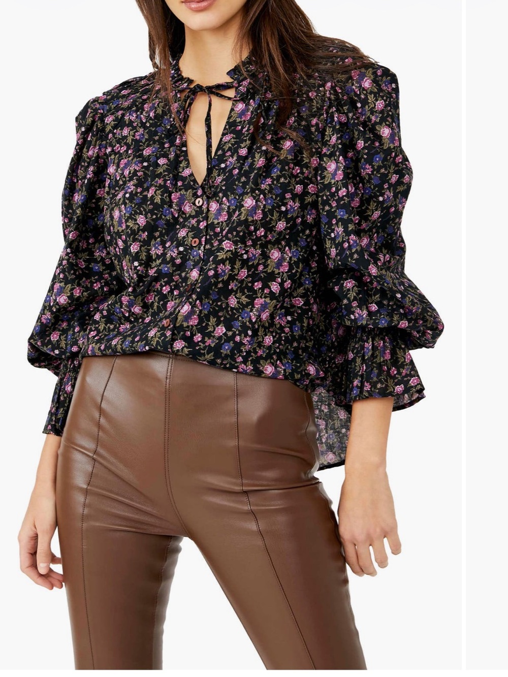 Free People Smocked Neck Floral Button-Front Blouse in Black and Pink